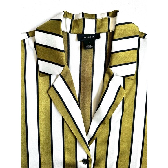 Halogen Striped Silky Blouse Women’s Size Small Green Button Up Shirt V-neck - Picture 5 of 9